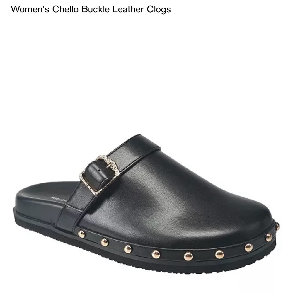 French Connection Black Leather Buckle Clogs with Stud Trim